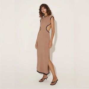 Hansen & Gretel Evelyn Dress Mocha Brown Black Trim Maxi NWT Backless